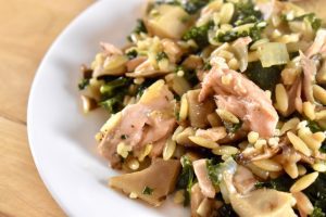 Oyster Mushrooms with Orzo, Kale, and Salmon