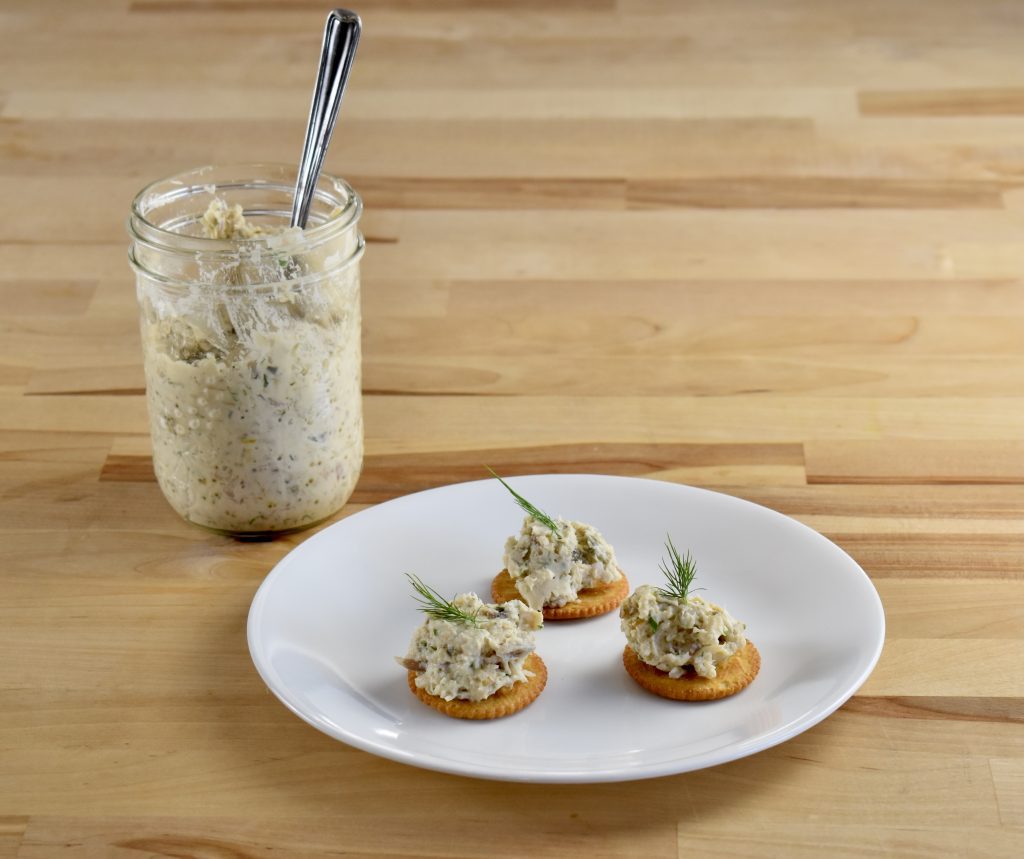 pike rillettes in jar and on crackers