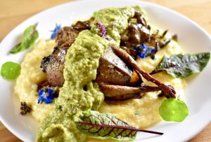 Roasted Doves and Maitake with Poblano Cream Sauce on Grits